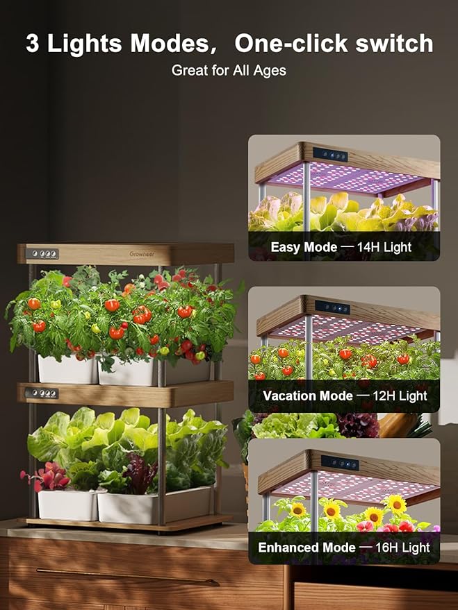 GROWNEER HydroEasy1.0 Hydroponics Growing System Kit, Beginner-Friendly Indoor Garden for Vegetable Fruit Herb, Solid Wood Design, Perfect Gift Idea, Full-Spectrum LED Lights for Maximum Growth