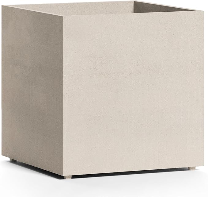 Reglito Cube Planter – Fiberglass Indoor/Outdoor and Weather-Resistant Large Planter (Sand Stone, 27.6" L x 27.6" W x 28.1" H)