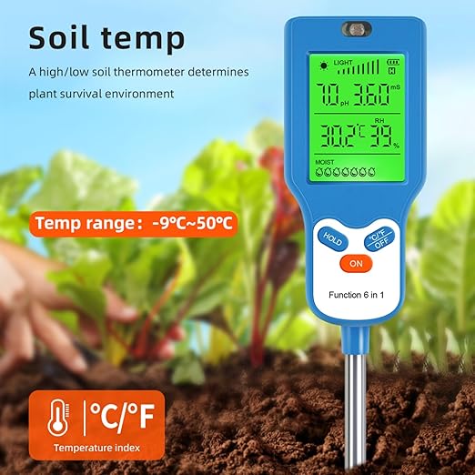 6-in-1 Soil Moisture Meter Digital PH Meter/Soil Moisture/Plant Temperature/Sunlight Intensity, Backlight LCD Display, Soil Test Meter for Garden, Lawn, Plant Care (Blue)