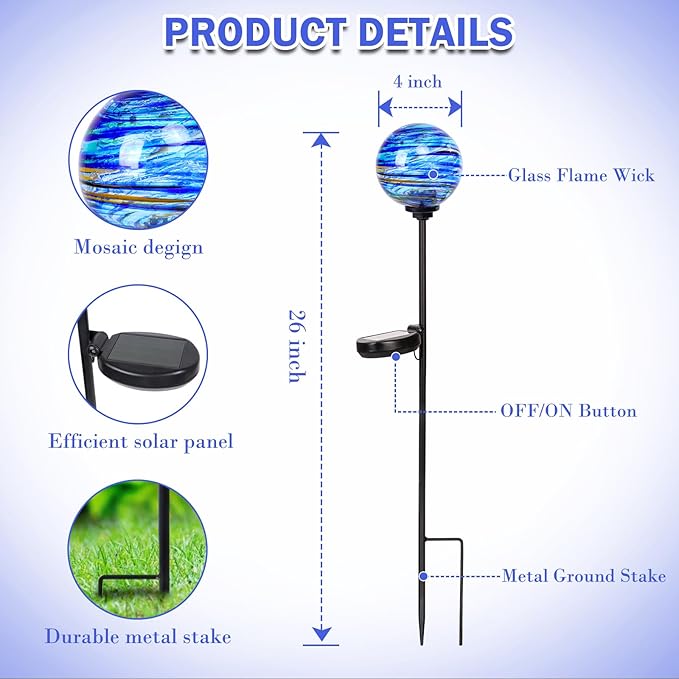 Solar Outdoor Decorative Lights Color Swirl Solar Garden Stake Glaze Glass LED Solar Garden Globe Lights Outdoor Decorative Lights for Pathway Yard Lawn Decoration 2 Pack Blue