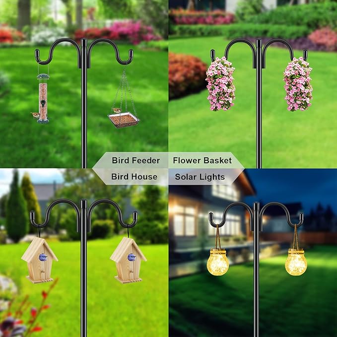 Gtongoko Double Shepherds Hook for Outdoor, 2 Pack 77 Inch Heavy Duty Bird Feeder Pole 3/4 Inch Thick Garden Hooks for Hanging Hummingbird Feeder, Plant Baskets, Solar Light Lanterns