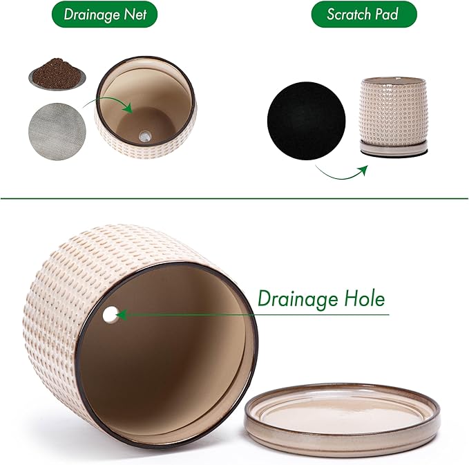 D'vine Dev 4 Inch Ceramic Beaded Stoneware Planter Pot - Flower Pot with Drainage Holes and Saucers for Indoor Succulent Plants or Flowers, Light Brown, 27-C-Z-4