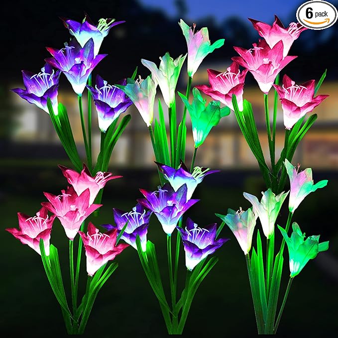 WdtPro Solar Lights Outdoor Garden Decorative Flowers 6 Pack, Waterproof Solar Garden Lights with 24 Lily Flowers, Multi Color Changing LED Solar Powered Landscape Lights for Yard Garden Patio