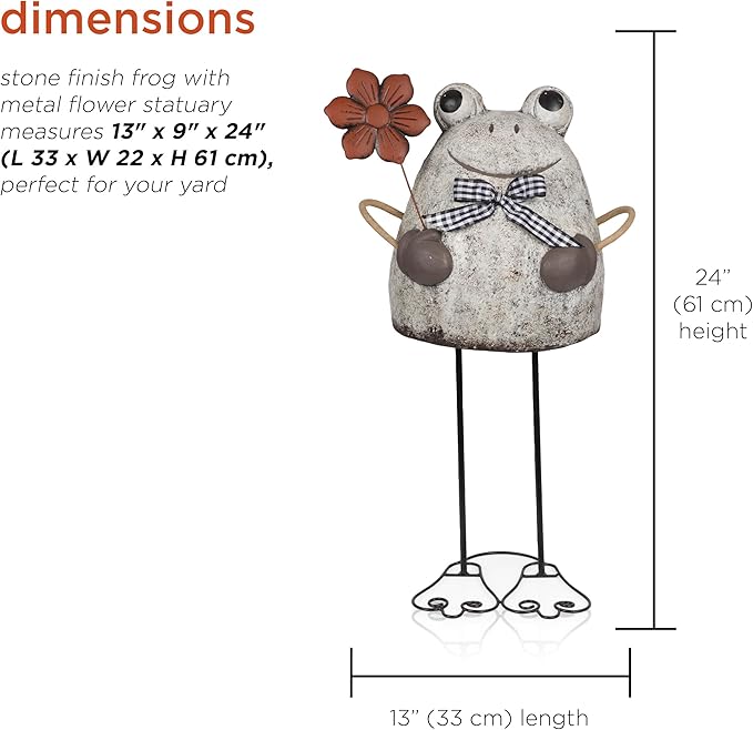 Alpine Corporation MCC860 Indoor/Outdoor Frog with Flower Garden Statue, Stone Finish Frog Statue for Yard, 24" H, Silver