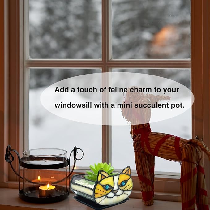 Stained Glass Yellow Cat Flower Pot,Small Succulent Planter for Indoor Plants,Cat Plant Decoration for Windowsill 4.33x3.54x2.95 in（Excluding Plants）