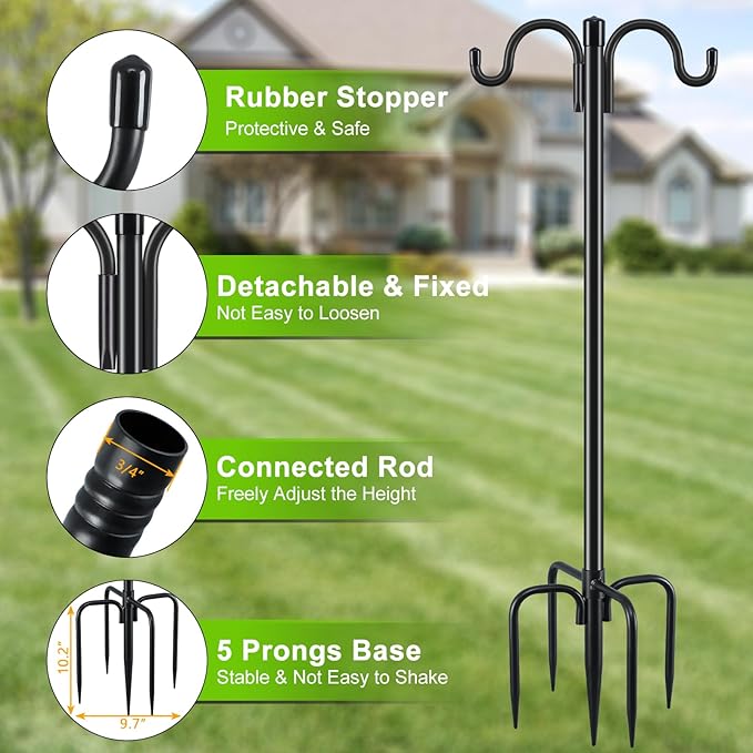 Gtongoko Double Shepherds Hook for Outdoor, 61.5 Inch Heavy Duty Bird Feeder Pole 3/4 Inch Thick Garden Hooks for Hanging Hummingbird Feeder, Plant Baskets, Solar Light Lanterns, 1 Pack