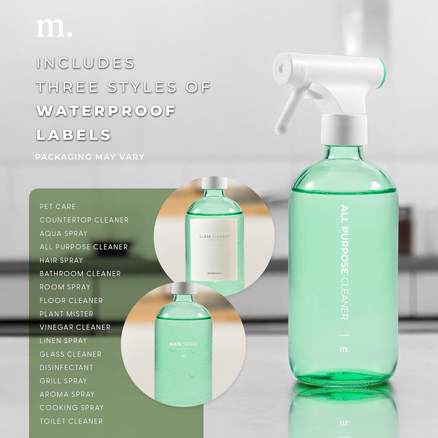 MaisoNovo Spray Bottle for Plants - 16.9 fl oz Green x 2 with 16 Labels