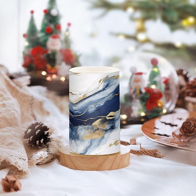 Flickering Flameless Candles, Drak Blue Golden Marble LED Candles with Remote Timer, Set of 2 Battery Operated Candle for Valentine Wedding Birthday