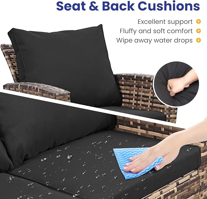 5 Piece Patio Furniture Set with 43" Propane Fire Pit Table, Outdoor Wicker Conversation Set, Rattan Modern Sectional Sofa Couch with Coffee Table for Backyard Porch Garden Poolside, Black-Blue