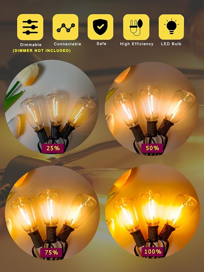 DAMAING Outdoor String Lights Weatherproof 400FT shatterproof connectable Patio Lights for Outside 4 Pack x 100FT with 208 Vintage dimmable LED Edison Bulbs,Hanging Lights for Garden,Balcony