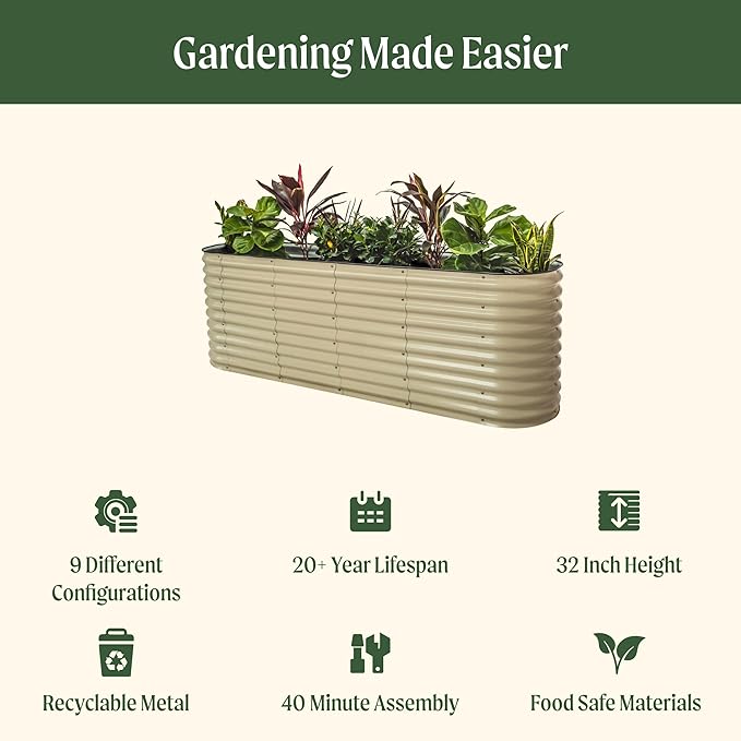 Vego garden 32" Extra Tall Raised Garden Bed Kits, 9 in 1 Modular Raised Planter Box for Vegetables Flowers Fruits Oval Metal Raised Garden Bed, Sky Blue
