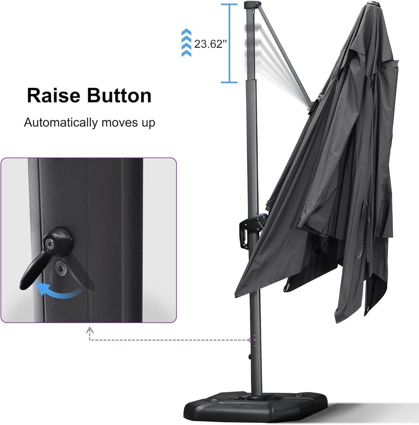 PURPLE LEAF 11.5' X 11.5' Telescopic Patio Umbrella Outdoor Cantilever Umbrella Square Up Down Lifting Offset Umbrella with 360-degree Rotation for Garden Deck Pool Patio Grey