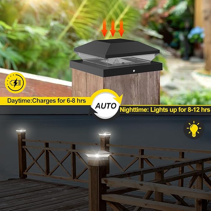 T-SUN Solar Post Cap Lights for 4x4/5x5/6x6 Posts (Wooden/Vinyl) | Waterproof Outdoor Solar Post Lights with Dual-Color Modes | Fence, Deck, Porch & Garden Lighting (6-Pack, Black)