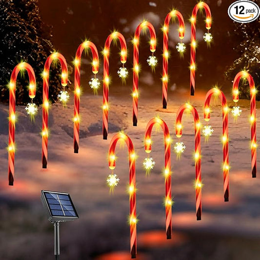 12Pack Christmas Candy Cane Lights Outdoor Decorations Solar Pathway Lights with Snowflake for Yard Waterproof Street Driveway Markers Lawn Walkway Garden Indoor Decor 2in1 Solar Powered