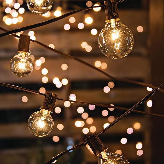 GOOTHY Outdoor String Lights, 25FT Hanging Patio Lights String with 27 G40 Clear Globe Bulbs (2 Spare), Connectable Globe String Lights for Indoor Outdoor Garden Commercial Decor, C7/E12 Base - Brown