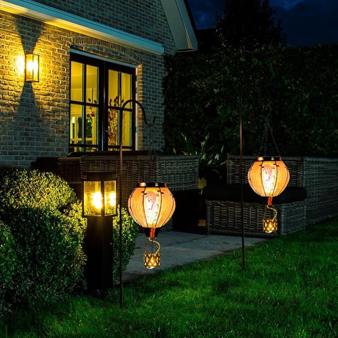 Blue Dolphin Hot Air Balloon Solar Lantern with Flame Flickering Light LED Glass Hanging Solar Lanterns Outdoor Waterproof Hot Air Balloon Decor for Patio Yard Garden Mother Day Gift for Women