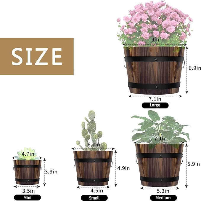 Adnee 4 Pack Wooden Whiskey Barrel Planters - 4 Sizes Wooden Bucket Barrel Garden Planters Set - Rustic Flower Planters Pots Container for Indoor Outdoor Garden Home Plants(4.7",6.1",7.1",9")