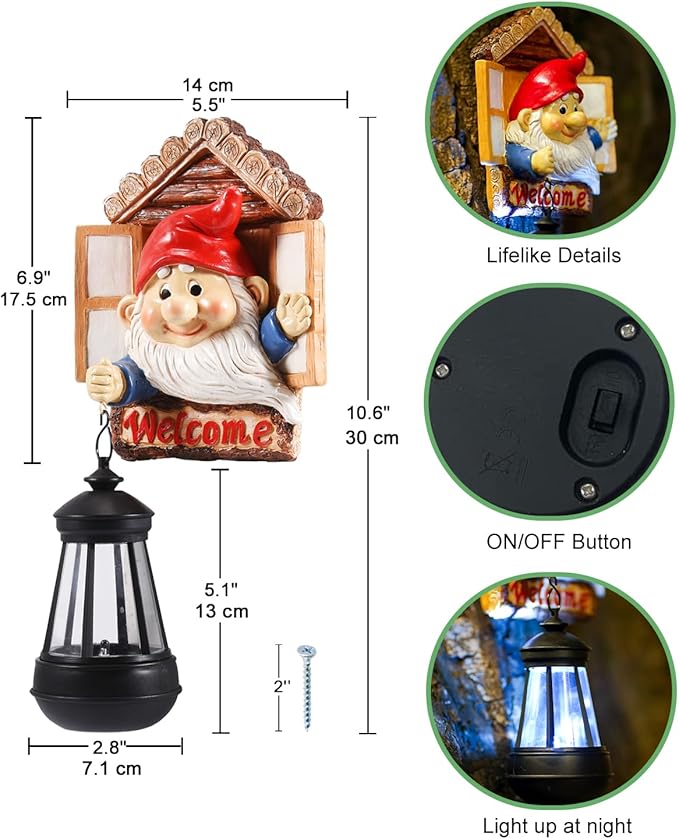 Gnome Tree Hugger with Solar Lantern - 10.6 Inch Resin Gnome Statue for Outdoor Garden Decor, Ideal Gnome Gifts and Gnome Statue Outdoor for Gnome Lovers