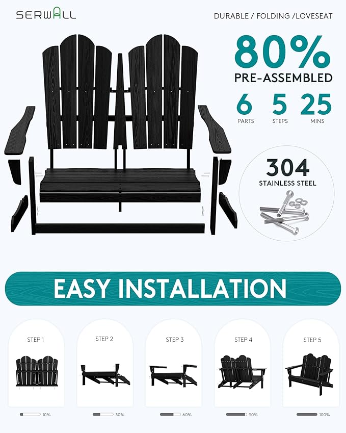 SERWALL 2 Person Adirondack Loveseat, HDPE All-Weather Folding Adirondack Bench Chair, Outdoor Adirondack Chair Set of 4, Black