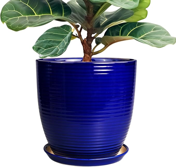 Ceramic Planter Pot - 12 Inch Pot for Plants Large Indoor Plant Pot with Drainage Hole and Saucer Fluted Round Planter for Outdoor Plants Flower Pot for Home Garden Blue