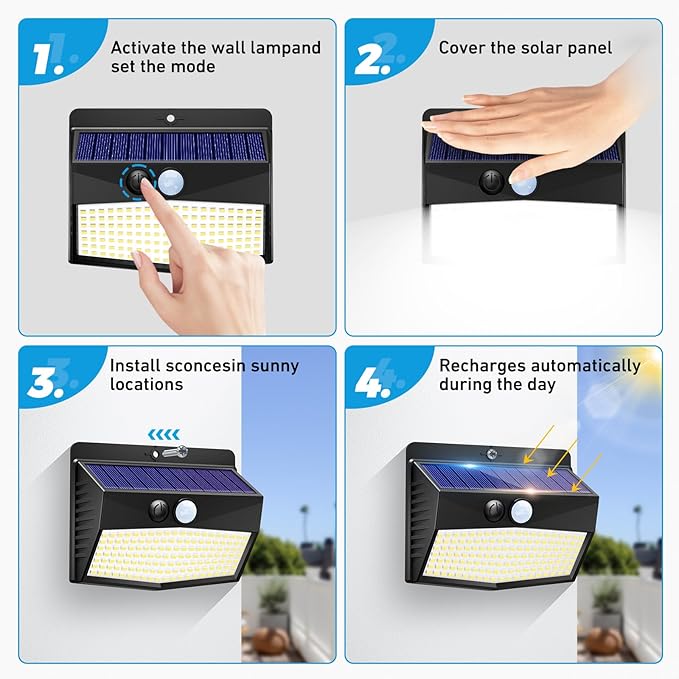 [ 16 Packs] Solar Motion Sensor Lights Outdoor, Solar Fence Lights with 3 Lighting Modes, Solar Powered Security Lights Waterproof for Outside Yard Wall Garden Backyard Deck Step Garage