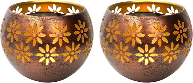 5.4” 2-Pack Decorative Metal Solar Patio Light with Flickering Flame, Waterproof Dusk-to-Dawn Garden Lantern, Bronze/Copper