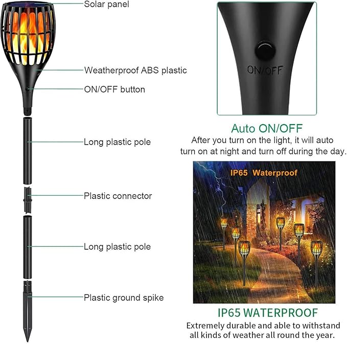 Solar Torch Flame Lights Waterproof Flickering Flames Solar Lights 43" Solar Garden Lights Outdoor Landscape Decoration Lighting Dusk to Dawn Auto On/Off for Yard Garden Pathway, 2 Pack