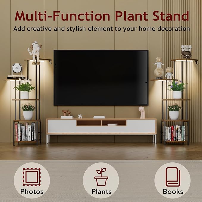 Plant Stand Indoor with Grow Light, 5-Tiered Tall Plant Stand Indoor, Metal Plant Shelf with Hanging Basket Hook and Adjustable Light, Ideal for Living Room, Garden, Patio (Black Brown)