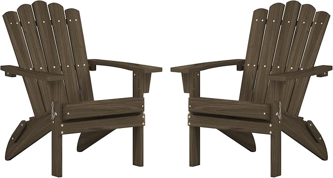 Folding HDPE Adirondack Chair Set of 2, Weather-Resistant Patio Chair with Wide Armrests & High Backrest, Fire Pit Chair for Garden, Backyard, Porch - Light Brown