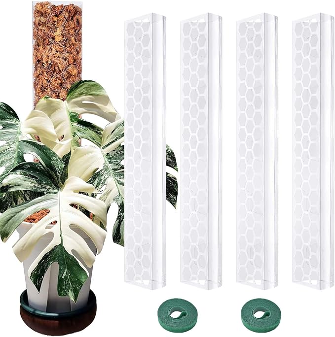 4 Pcs 17 Inch Plastic Moss Pole for Plants Monstera, Stackable Plant Support for Indoor Climbing Plants, Clear Plant Poles with 2pcs Garden Ties Work with Sphagnum Moss