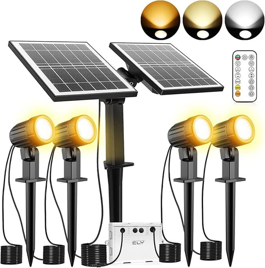 CLY Solar Landscape Spotlights, Solar Landscape Lights Outdoor IP66 Waterproof, Remote Control 2Modes 3Brightness Adjustable 2700-6500K Auto On/Off 14M Cable for Garden Pathway Trees Flag 4 in 1