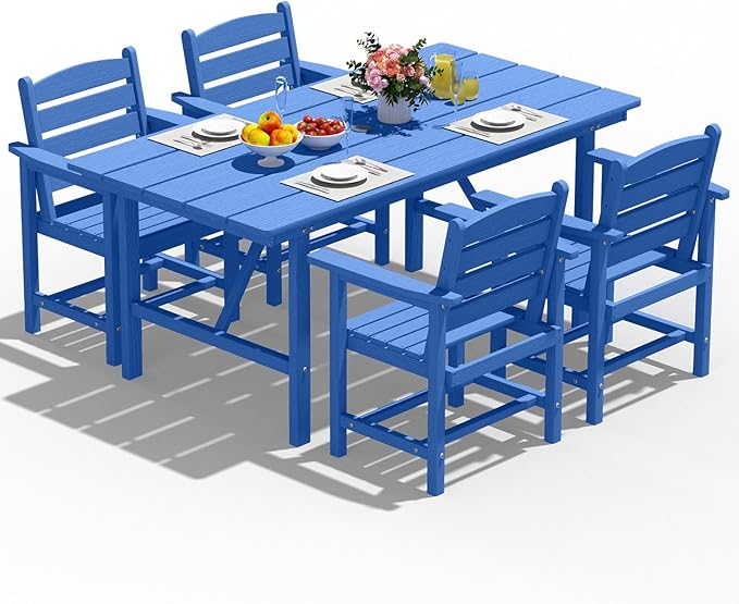 Patio Dining Set for 4 with Umbrella Hole - 66" Outdoor Table & 4 Chairs, All-Weather HDPE Outdoor Furniture for Lawn, Garden, Backyard, Poolside, Navy
