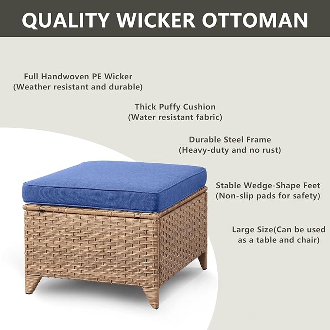 Outdoor Wicker Patio Furniture Set - 5 Piece Rattan Patio Conversation Set with 2 Rocking Swivel Chairs,2 Ottomans and 1 Sofa for Porch Deck Backyard Garden(Yellow/Blue)