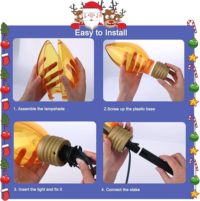 2 Pack Christmas Lights Jumbo C9 Outdoor Lawn Decorations with Pathway Marker Stakes, 8.5Ft C7 Lights Covered Jumbo Glitter Multicolor Bulb for Holiday Outside Yard Garden Decor, 10 Lights