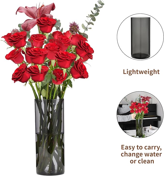 Flower Vase, Non-breakable Vases, 4" W x 16" H, Acrylic Grey Vase, Aesthetic Room Decor Cylindrical Modern Flower Vases for Table Centerpiece, Home Decor, Women Floral Arrangement Gift