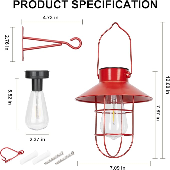 pearlstar Solar Lanterns Outdoor Christmas Metal Solar Powered Hanging Lights Waterproof for Wall Barn Yard Garden Patio Garage Balcony Porch Fence Decor, Warm White Edison Bulb (Red-2pack)