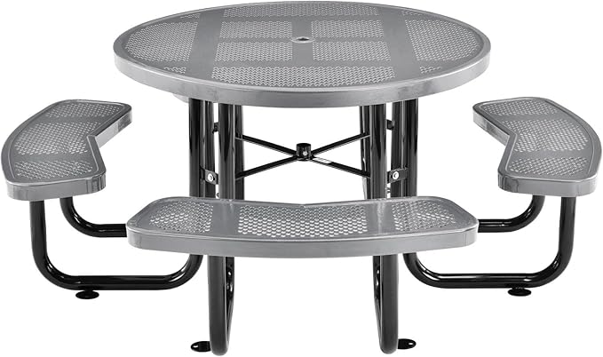 Global Industrial 46" Round Picnic Table, Perforated Metal, Thermoplastic Coating, Attached Benches, 1-1/2” Umbrella Pole Hole, Outdoor-Rated, 1000 lbs Capacity, Gray