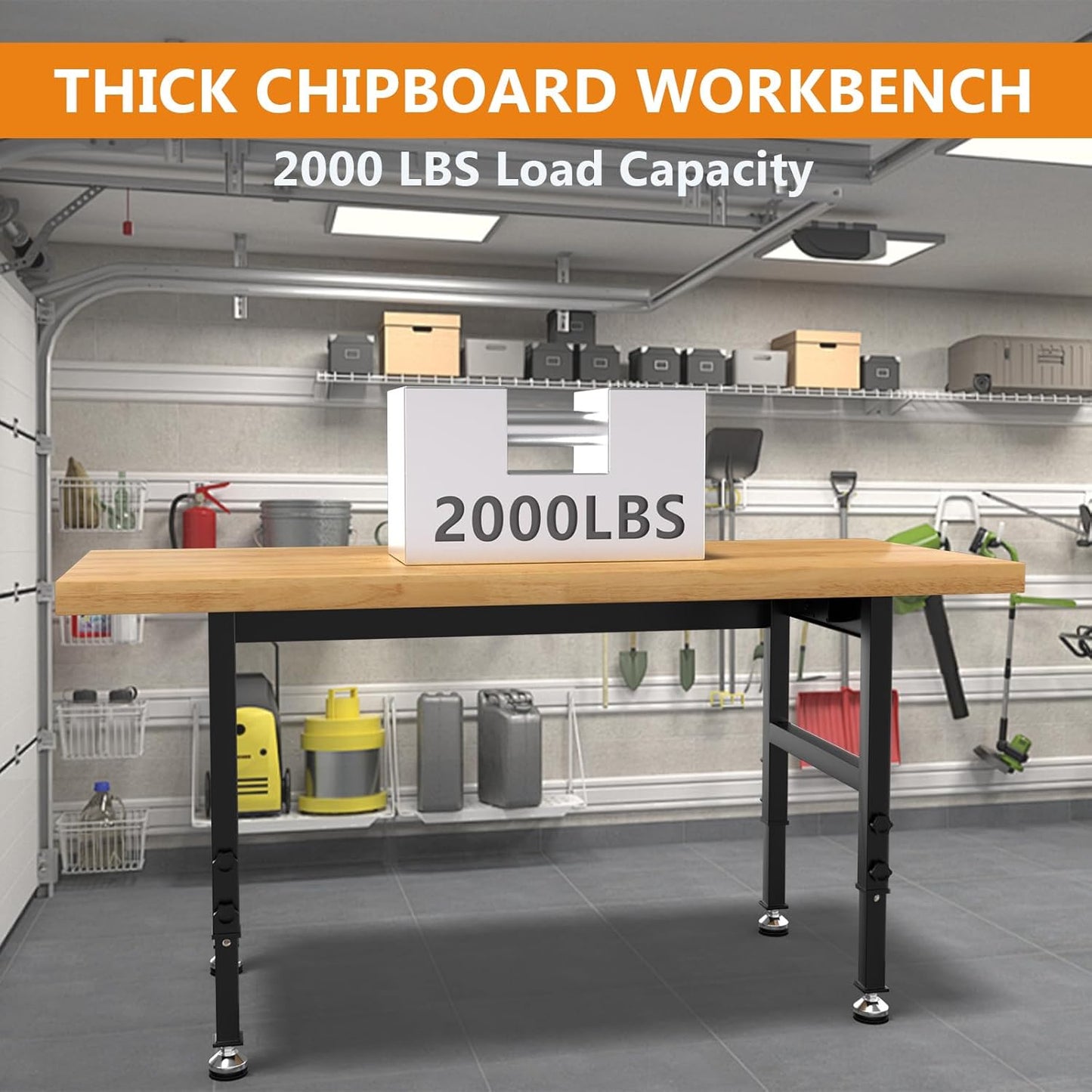 60" Work Bench, Adjustable Height Workbench with Rubber Pad, Heavy-Duty Work Table with Power Outlets, 2000 LBS Capacity Workstation for Garage, Workshop, Office, Home