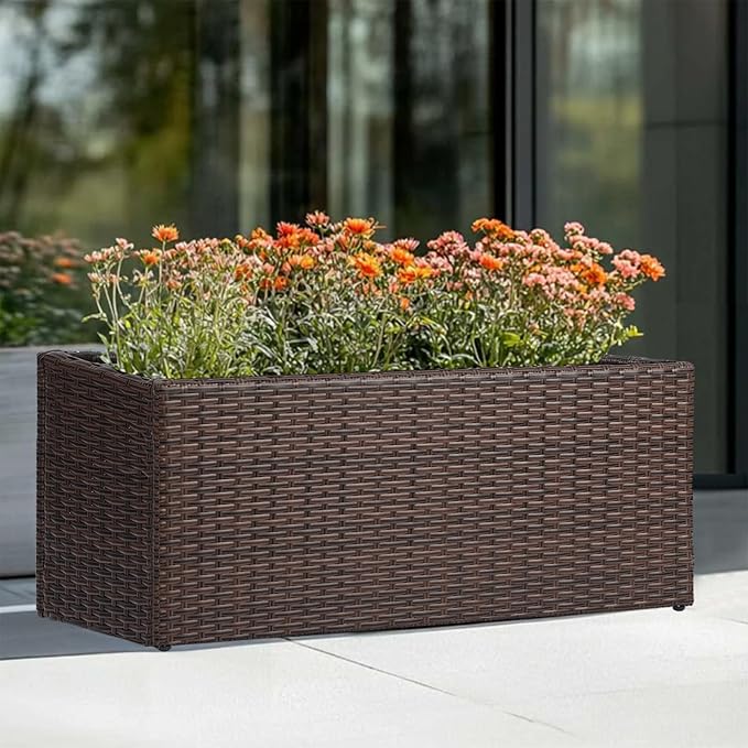 LEWIS&WAYNE Large Rectangular Block Planter Box Handmade Wicker Tall Planters for Outdoor Plants with Removable Liners Modern Planter for Indoor Outdoor Patio Deck - Brown, 30''x12''x16''