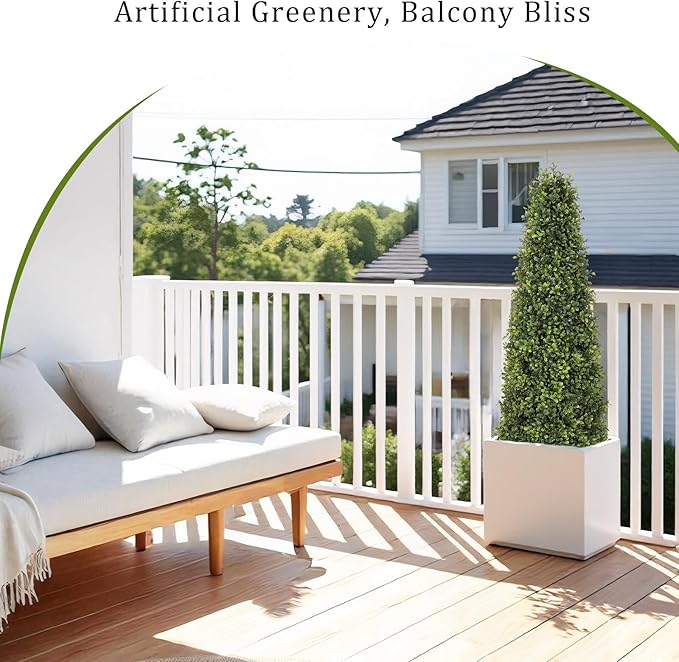 4ft Artificial Boxwood Topiary Trees (Set of 2) - UV Resistant Faux Plants Outdoor, Realistic 48in Fake Potted Bushes and Shrubs for Front Porch, Planter, Patio - Low Maintenance & Evergreen