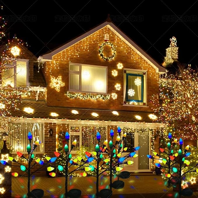 C7 Solar Christmas Pathway Lights - 2 Pack with 24 LED Strawberry Multicolor Lights, 8 Modes - Outdoor Waterproof Christmas Decorations for Garden, Yard, Pathway