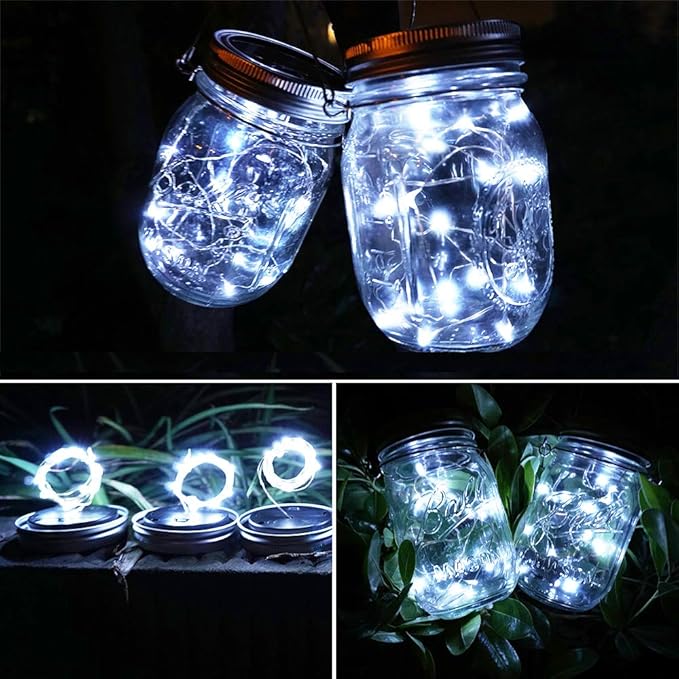SunKite Solar Mason Jar Lights [Updated], 8 Pack 20 LED Waterproof Fairy Firefly Jar Lids String Lights with Hangers(NO Jars), Patio Yard Garden Wedding Decoration - Cool White