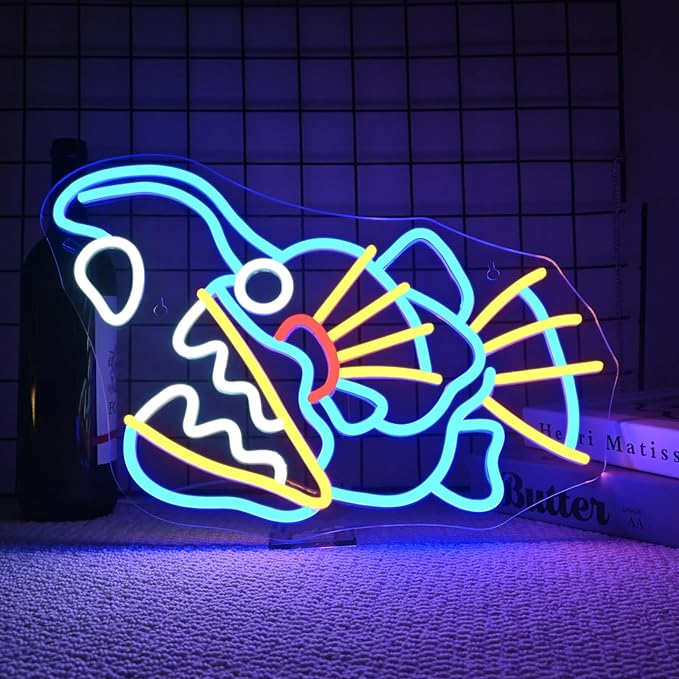 Fishing Neon Sign Dimmable Blue Fish Neon Signs for Wall Decor LED USB Powered Neon Light Sign for Fishing Gear Store Yacht Bedroom Scared Restaurant Man Cave Decoration Birthday Gifts