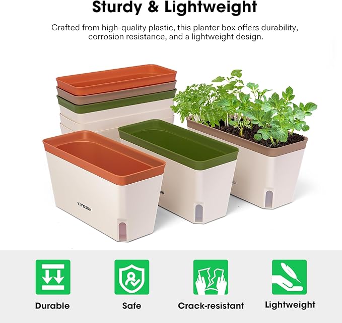 VIVOSUN Self-Watering Planters, 6-Pack 10.5 Inch Compact Rectangular Window Herb Planter Box with 10 PCS Plant Labels, Plant Container for Basil, Flowers, Succulents, Indoor & Outdoor