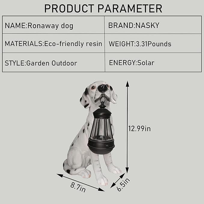 NASKY The Resin Handicraft Solar - Powered Hanging Lamp in The Shape of A Simulated Puppy of The Courtyard is Suitable for Places Such As Courtyards, Gardens and Balconies (Spotted Dog)
