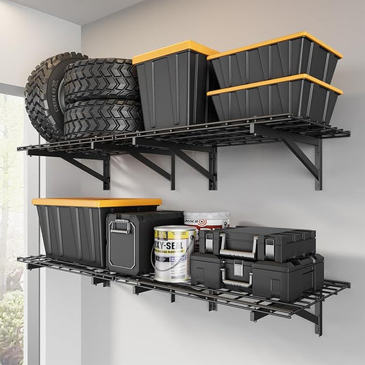 4 Pack Heavy Duty Garage Wall Shelving Set (2x3ft), Wall Mounted Garage Shelves 1000lbs Capacity, 24"x72" Shelf Storage Rack Floating Shelves, Black