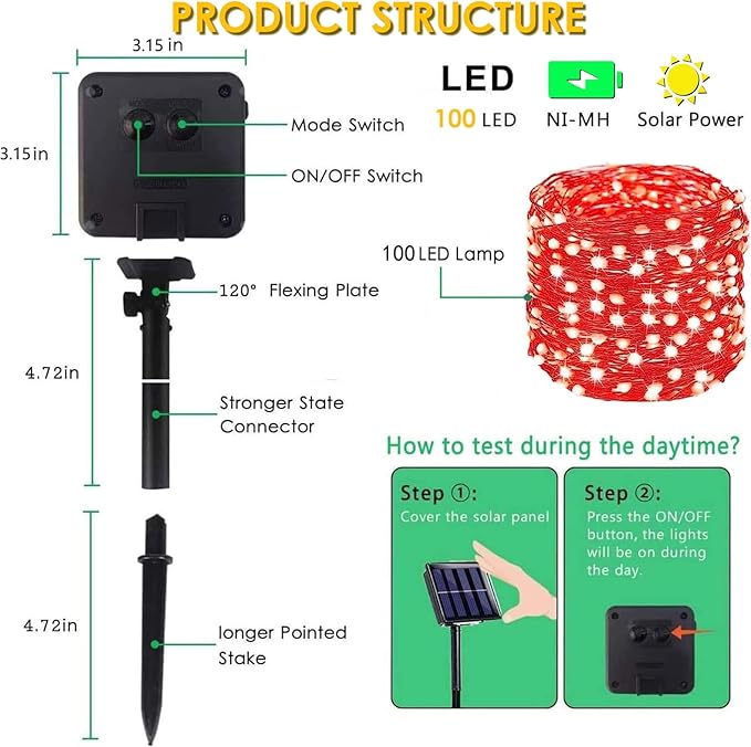 Solar String Lights Outdoor, 2-Pack Total 80FT 200 LED Solar Christmas Twinkle Lights Outside Waterproof Copper Wire 8 Modes Solar Fairy Lights for Garden Tree Party Birthday Christmas Decor (Red)