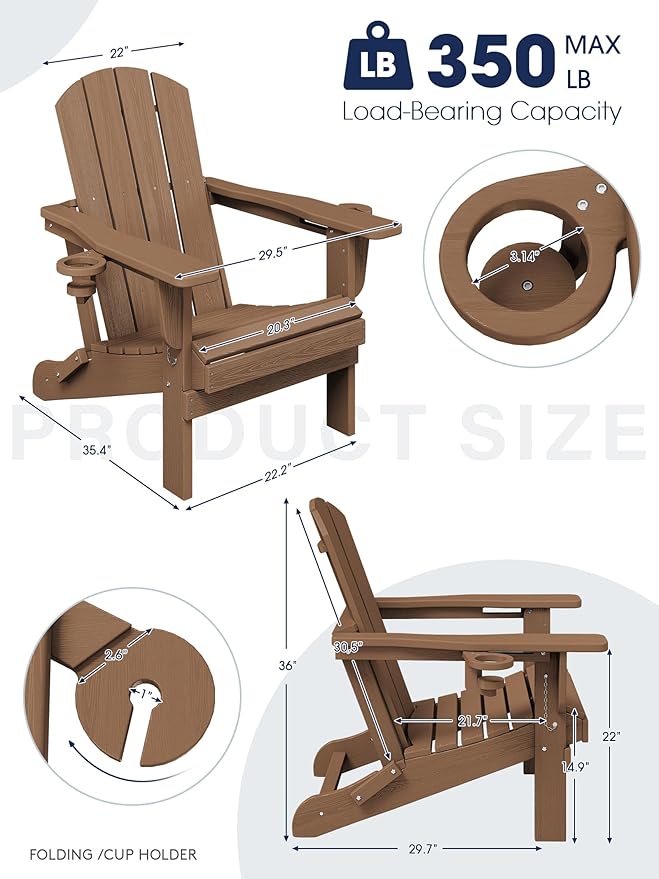 KINGYES Folding Adirondack Chair with Dual Cup Holders - HDPE All-Weather Outdoor Chairs, Brown