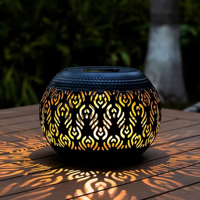 Solar Table Light Outdoor Waterproof- Solar Powered LED Lamp Hollowed-Out Black Peacock Feather Metal Desktop Decorative Lantern for Indoor Desk Bedroom Patio Garden Pathway Yard