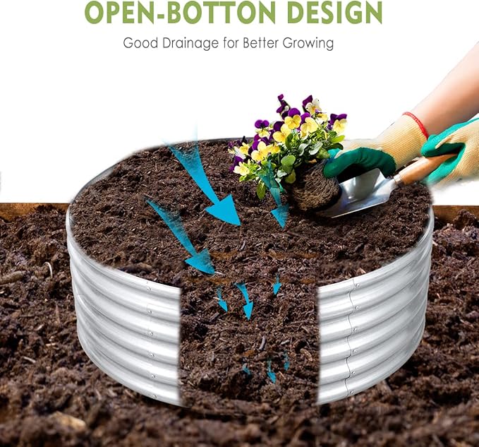 FORTUNO 2 Pcs 17" Tall 4 Ft Round Raised Garden Bed Box Galvanized Metal Outdoor High Flower Bed Steel Patio Ground Planter for Planting Vegetables and Herbs, Silver